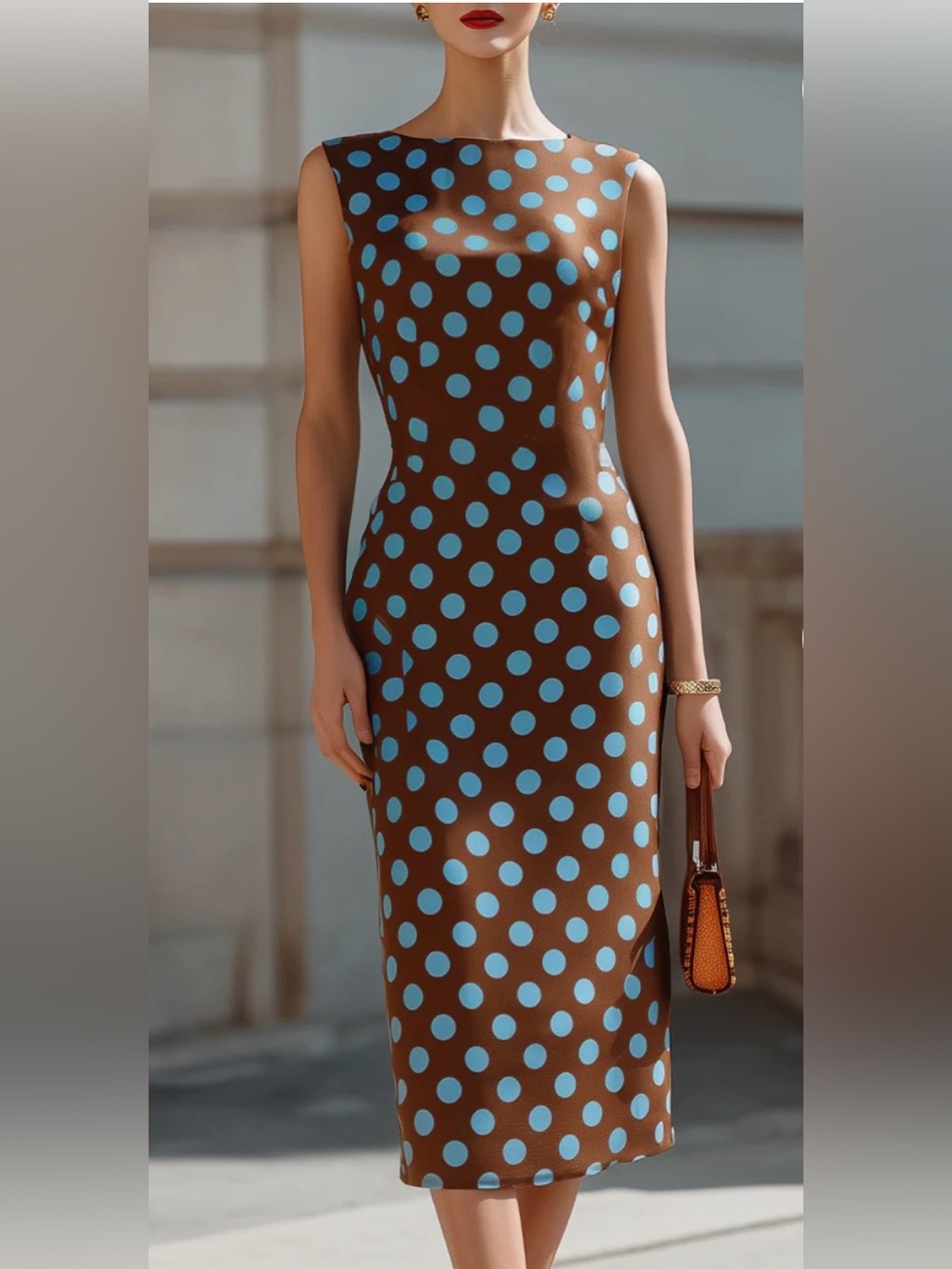 MOOYIUS Sleeveless Brown Midi Dress with Light Blue Polka Dots